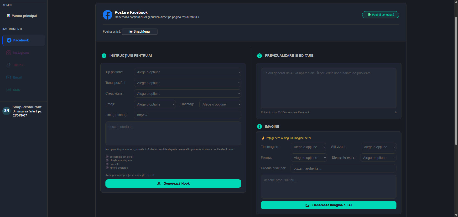Dashboard SnapMenu pentru modulul Marketing Digital cu AI, folosit pentru generarea de postări Facebook și imagini promoționale cu AI