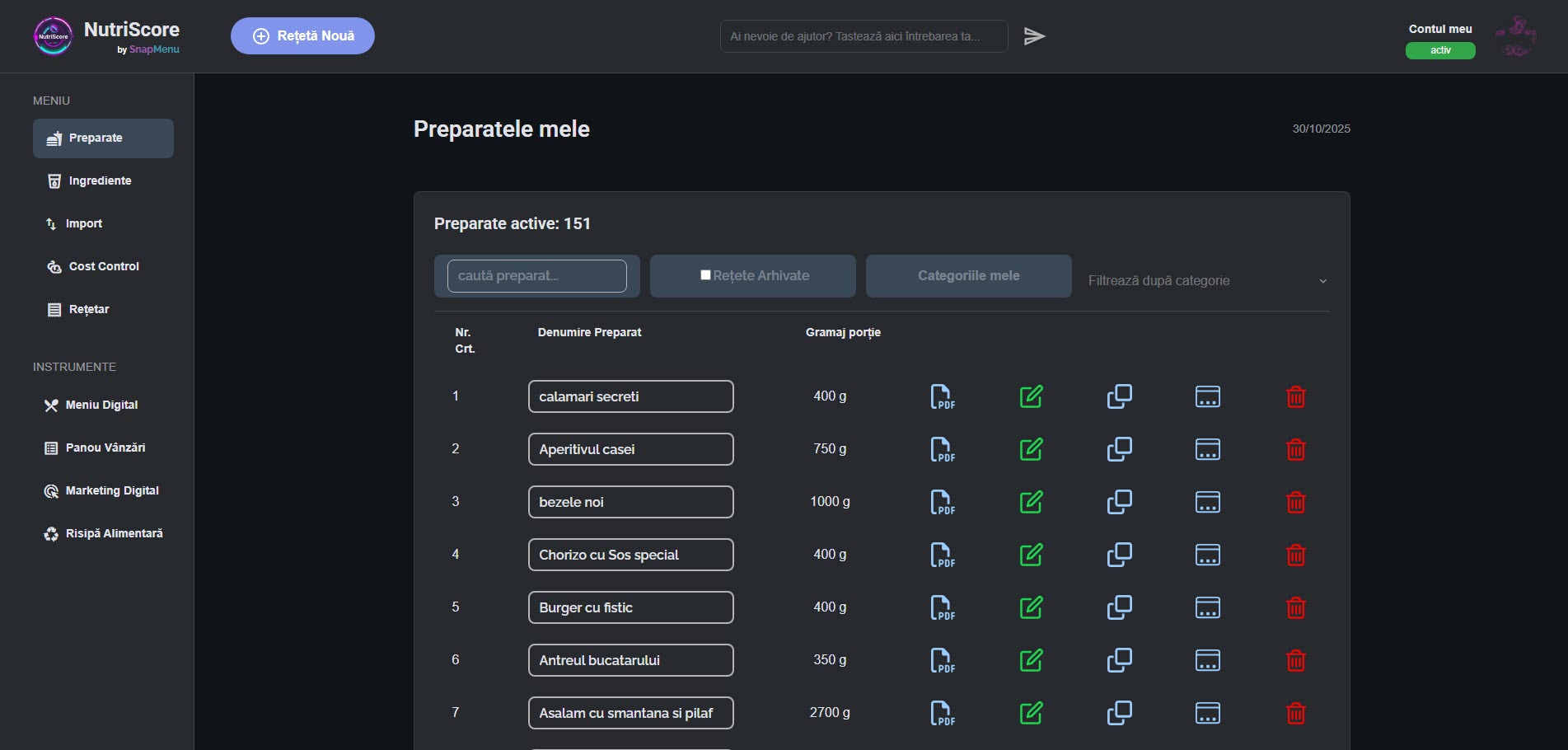Dashboard SnapMenu pentru gestionarea meniului